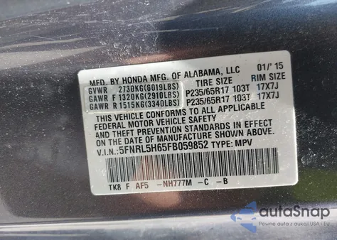 2015 Honda Odyssey Exl from USA, damaged, VIN 5FNRL5H65FB059852